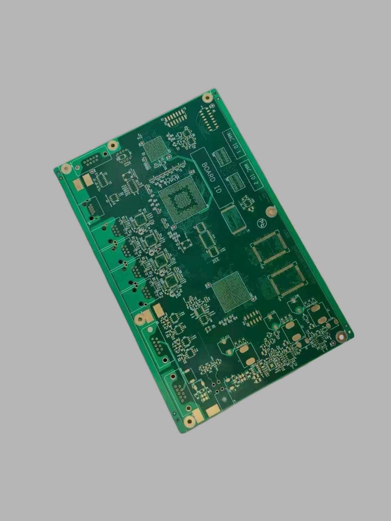 Linked Electronics Co., Limited 12-layer multilayer PCB with multiple BGA pad arrays, dense SMT routing, and ENIG finish on green solder mask for control and communication applications, manufactured in China
