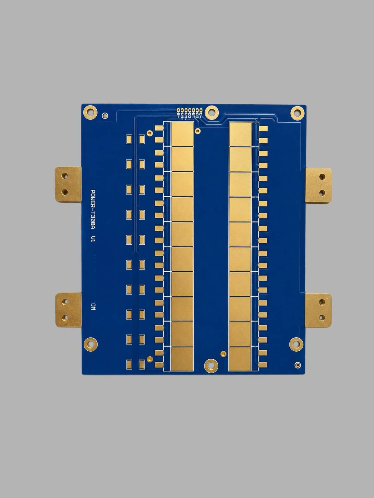 Linked Electronics Co., Limited 12oz double-sided heavy copper PCB with embedded copper coin and gold-plated high-current terminals on blue solder mask for EV charging station power applications, manufactured in China