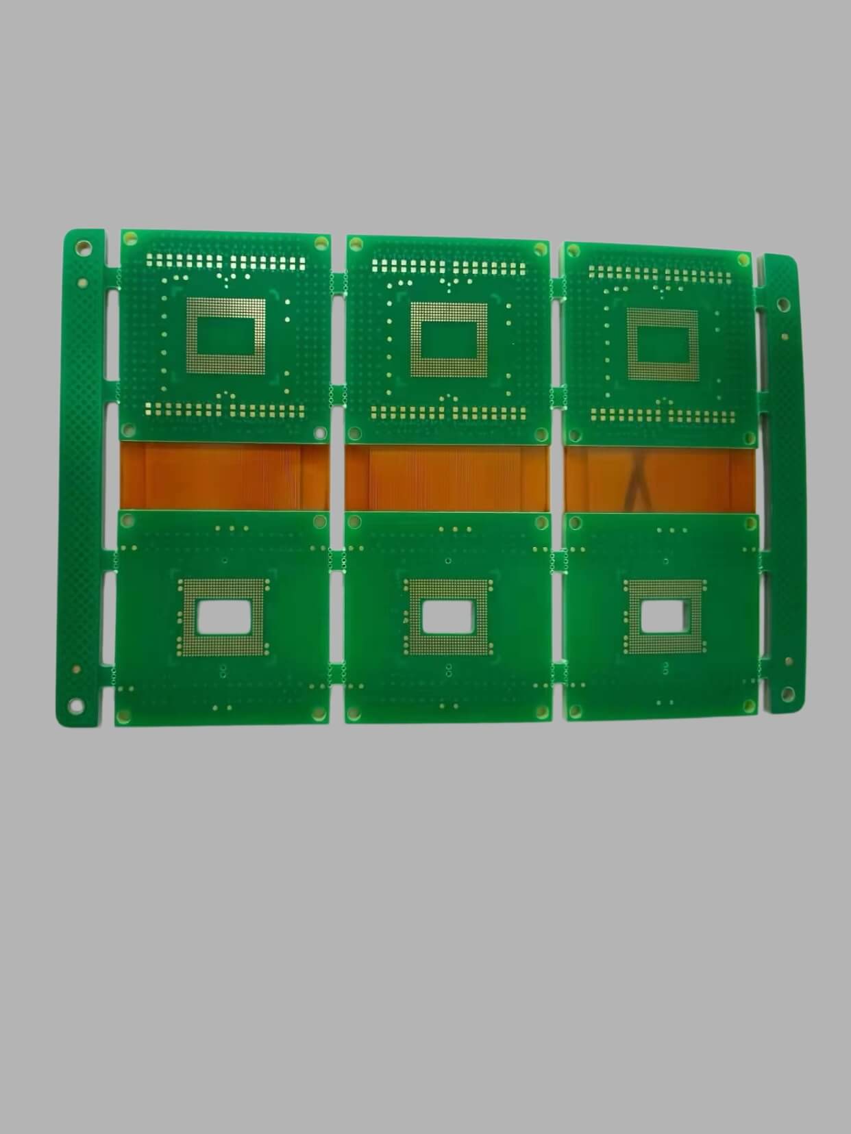 Linked Electronics Co., Limited 6-layer rigid-flex PCB — green rigid sections joined by polyimide flexible circuit with multiple BGA pad arrays and ENIG finish, manufactured in China