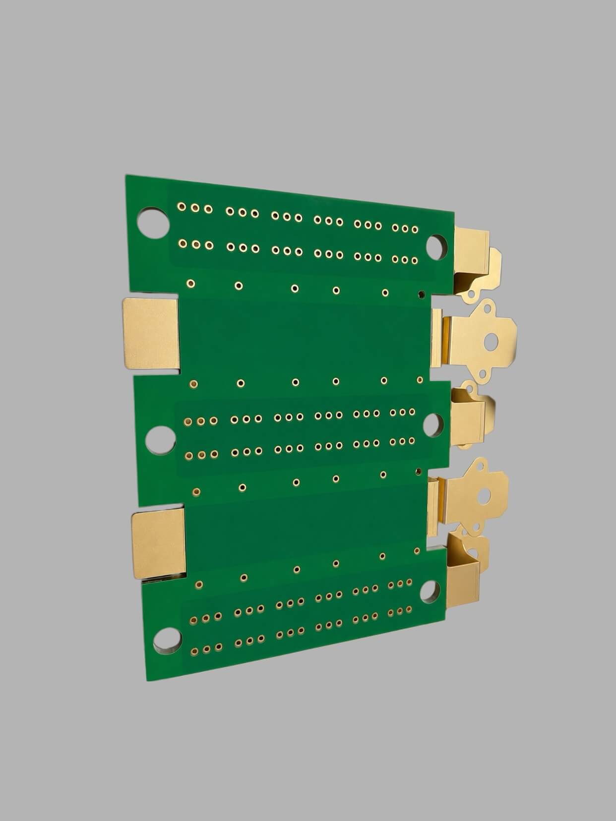 Linked Electronics Co., Limited 8oz double-sided heavy copper PCB — green solder mask with embedded copper blocks and gold-plated high-current terminals for power applications, manufactured in China