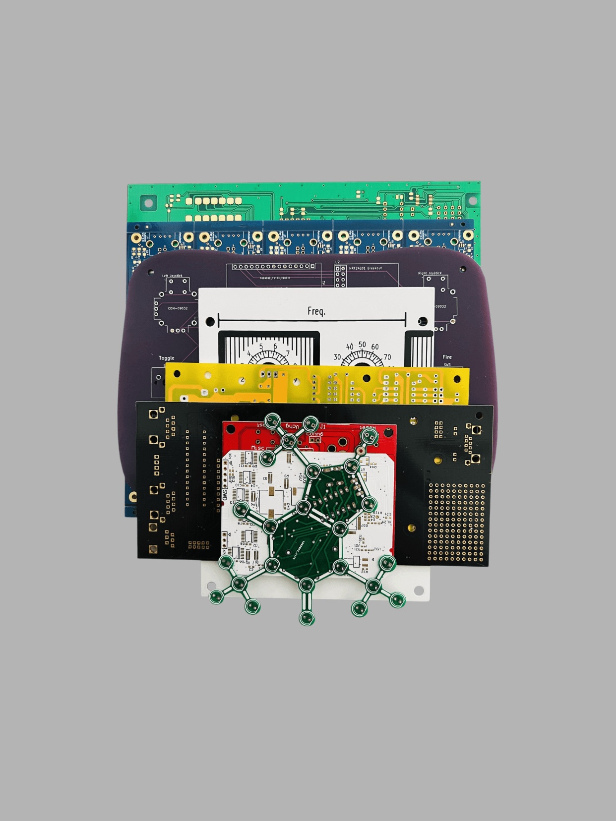 Linked Electronics Co., Limited custom PCB samples — purple, yellow, black, red solder mask with custom shapes manufactured in China