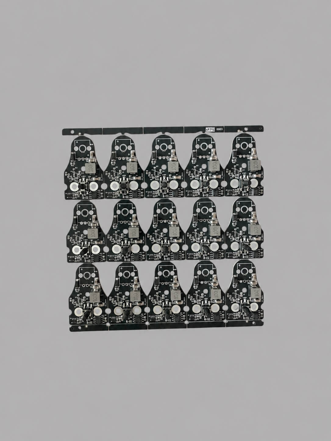 Linked Electronics Co., Limited panelized PCBA in 15-up array format with matte black solder mask for volume production manufactured in China